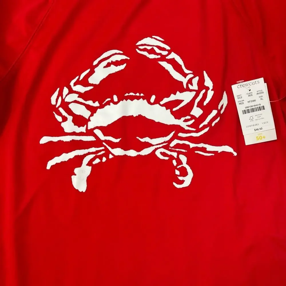 Crewcuts Rash Guard Swim Shirt Boys XL Red White Crab Graphic Short Sleeve NWT